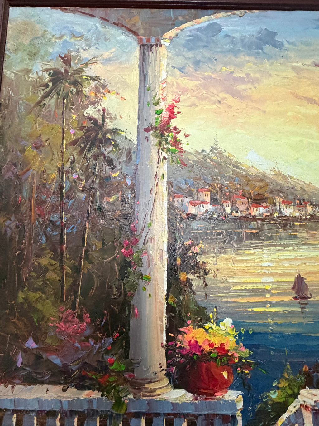 Lot 1032: Mediterranean Terrace Oil Painting, Columns, Flower Pots and Harbor at Sunset, Heavy Impasto, Signed, Carved Wood Frame