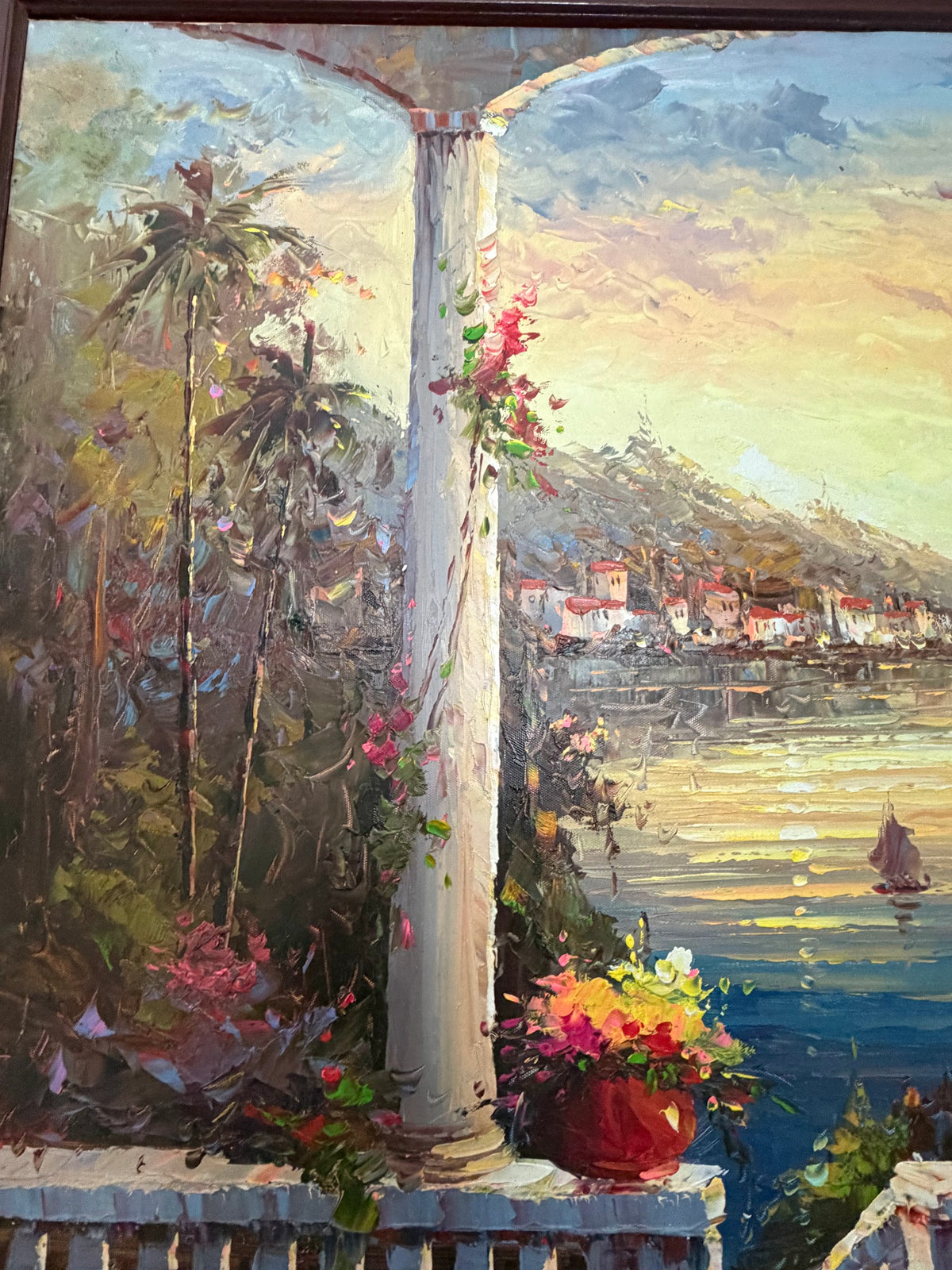 Lot 1032: Mediterranean Terrace Oil Painting, Columns, Flower Pots and Harbor at Sunset, Heavy Impasto, Signed, Carved Wood Frame