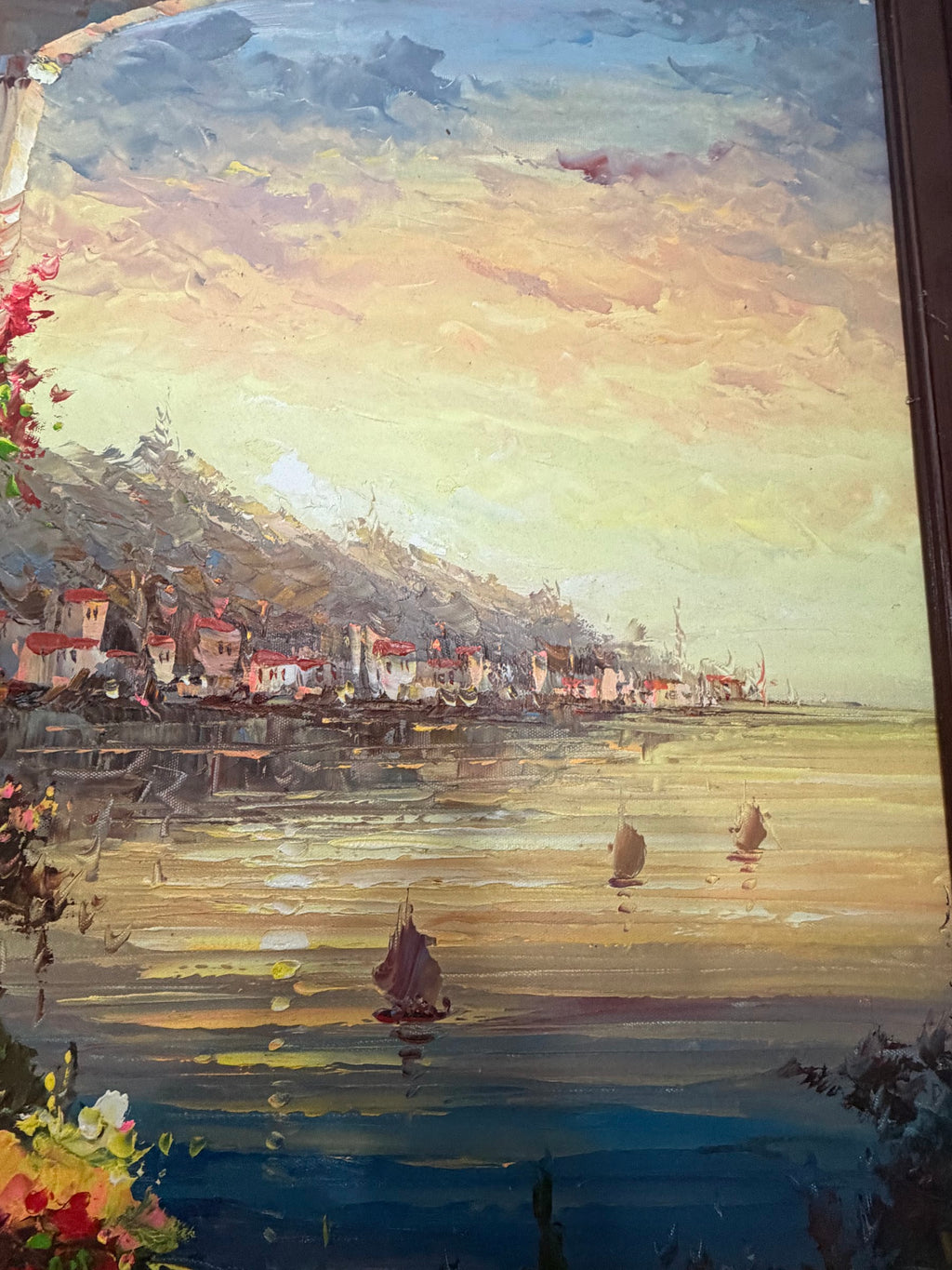 Lot 1032: Mediterranean Terrace Oil Painting, Columns, Flower Pots and Harbor at Sunset, Heavy Impasto, Signed, Carved Wood Frame