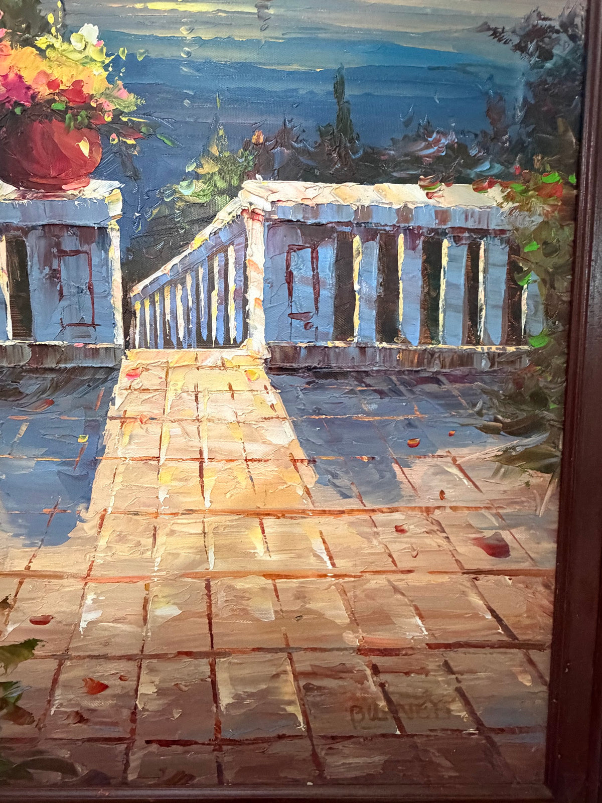 Lot 1032: Mediterranean Terrace Oil Painting, Columns, Flower Pots and Harbor at Sunset, Heavy Impasto, Signed, Carved Wood Frame