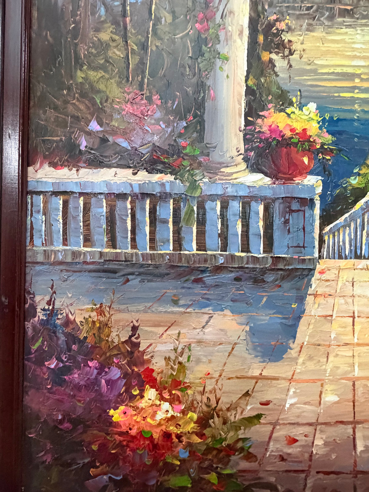 Lot 1032: Mediterranean Terrace Oil Painting, Columns, Flower Pots and Harbor at Sunset, Heavy Impasto, Signed, Carved Wood Frame