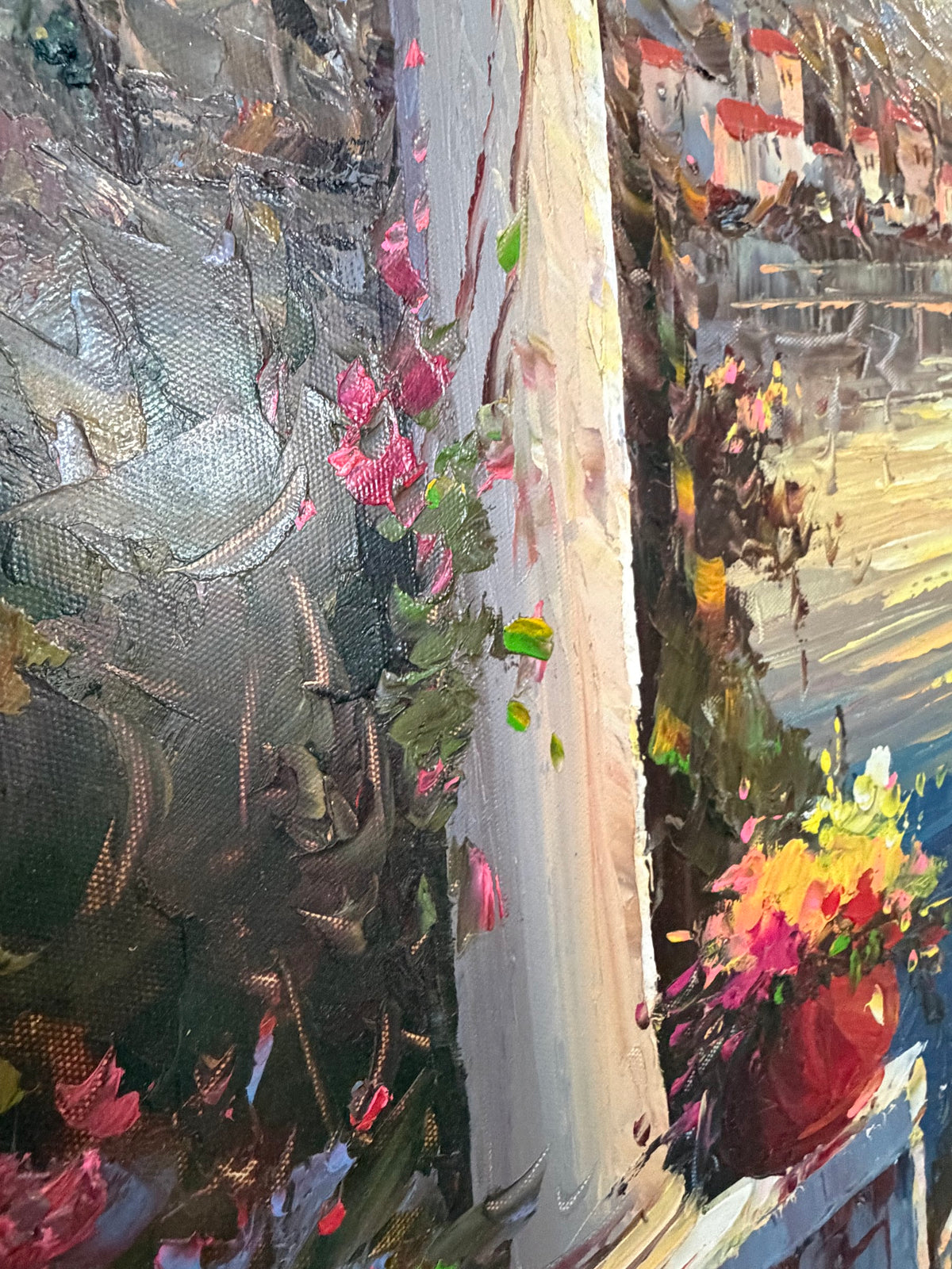 Lot 1032: Mediterranean Terrace Oil Painting, Columns, Flower Pots and Harbor at Sunset, Heavy Impasto, Signed, Carved Wood Frame