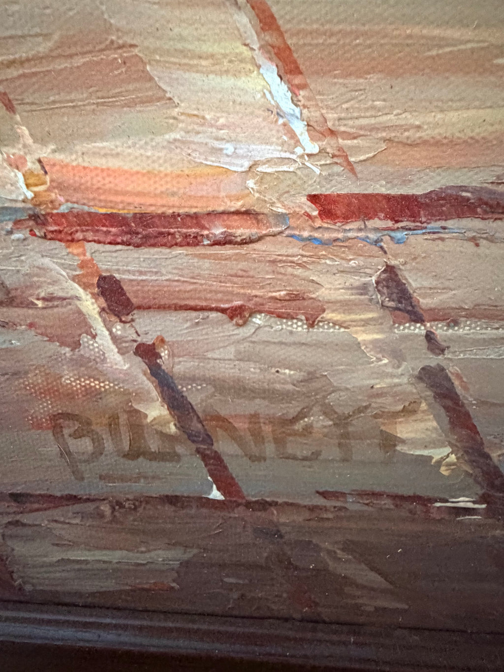 Lot 1032: Mediterranean Terrace Oil Painting, Columns, Flower Pots and Harbor at Sunset, Heavy Impasto, Signed, Carved Wood Frame