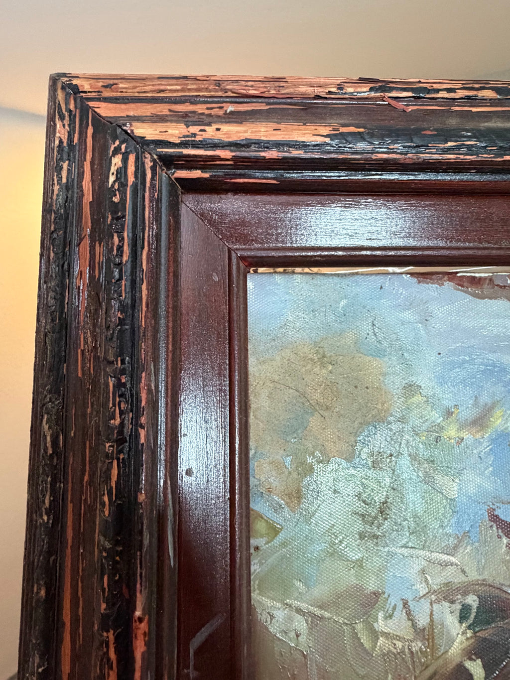 Lot 1032: Mediterranean Terrace Oil Painting, Columns, Flower Pots and Harbor at Sunset, Heavy Impasto, Signed, Carved Wood Frame