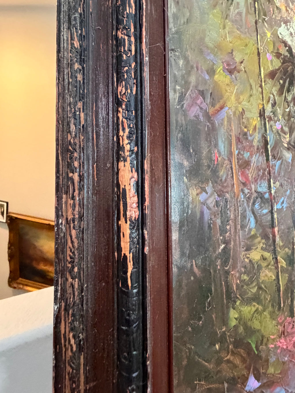 Lot 1032: Mediterranean Terrace Oil Painting, Columns, Flower Pots and Harbor at Sunset, Heavy Impasto, Signed, Carved Wood Frame