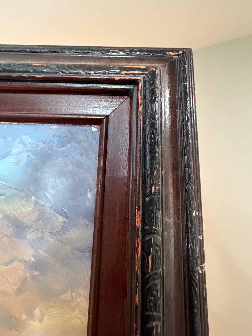 Lot 1032: Mediterranean Terrace Oil Painting, Columns, Flower Pots and Harbor at Sunset, Heavy Impasto, Signed, Carved Wood Frame