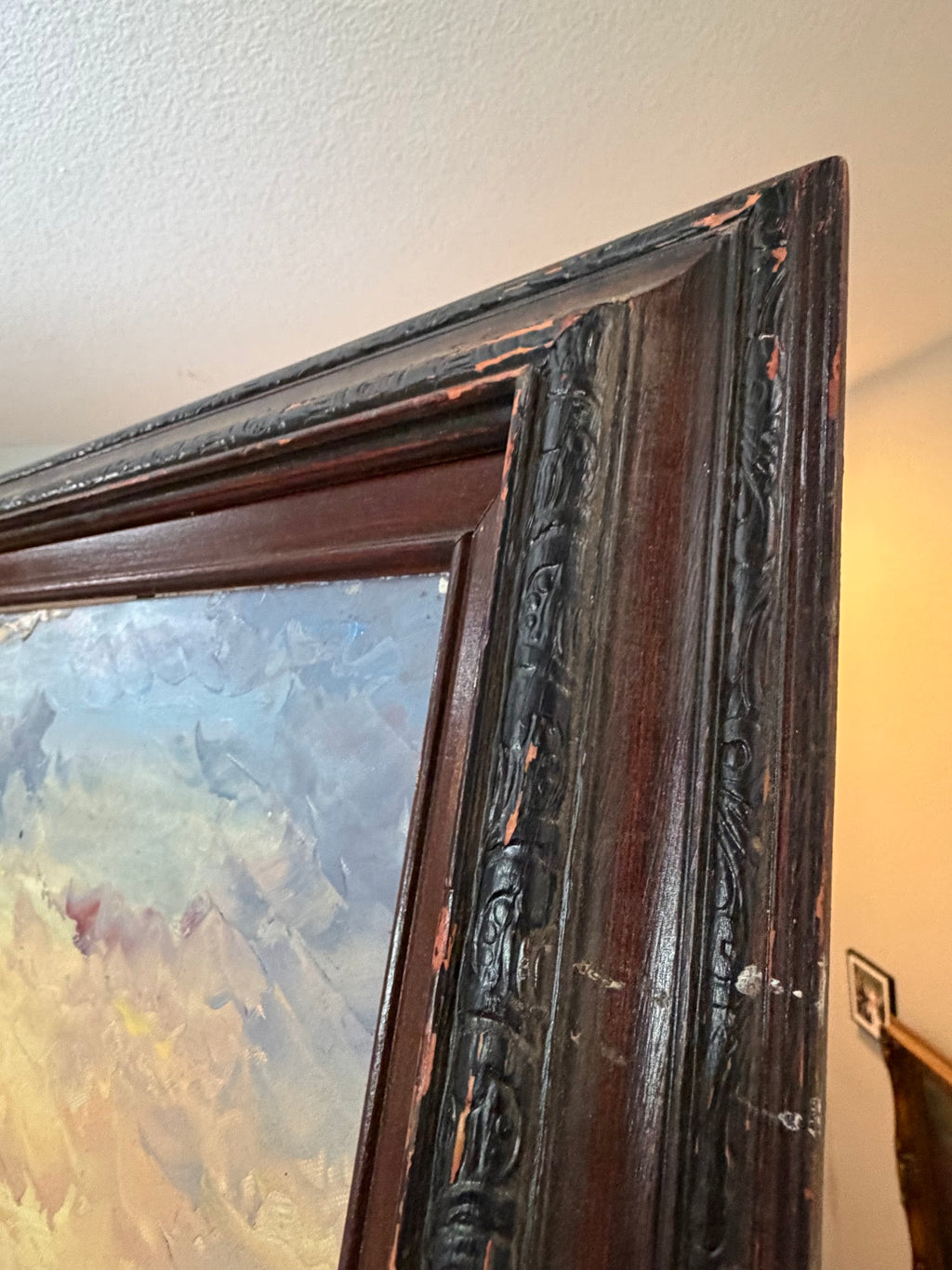 Lot 1032: Mediterranean Terrace Oil Painting, Columns, Flower Pots and Harbor at Sunset, Heavy Impasto, Signed, Carved Wood Frame