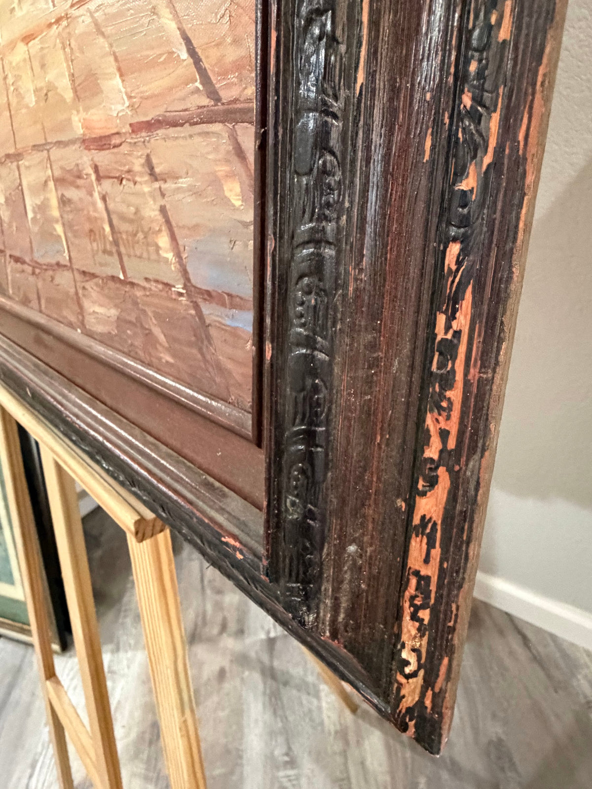 Lot 1032: Mediterranean Terrace Oil Painting, Columns, Flower Pots and Harbor at Sunset, Heavy Impasto, Signed, Carved Wood Frame