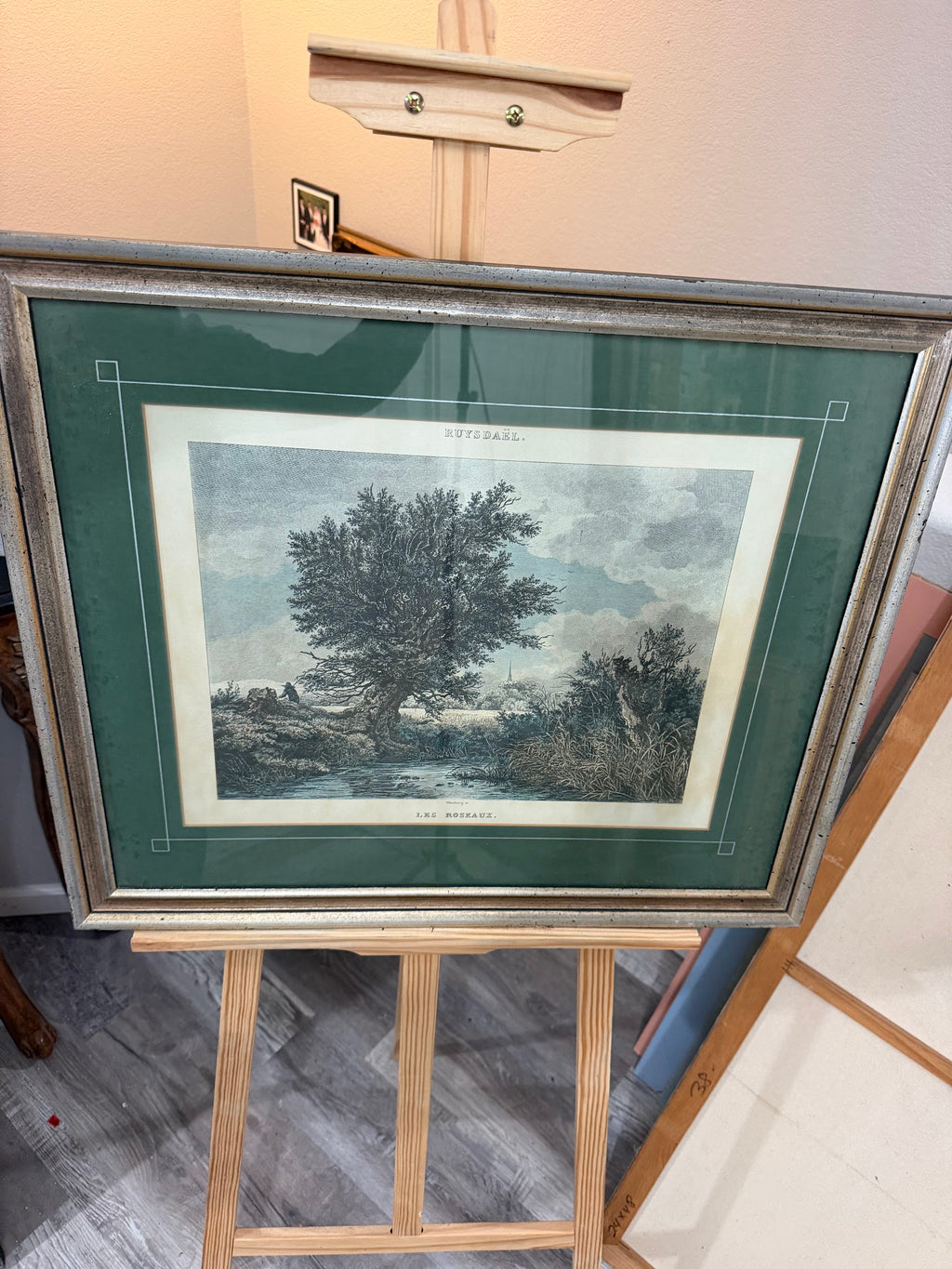 Lot 1033: Ethan Allen Framed Engraving After Ruysdael, Wooded Landscape with Great Tree, Green Mat, Silver Frame, 26.5 x 22.5 in