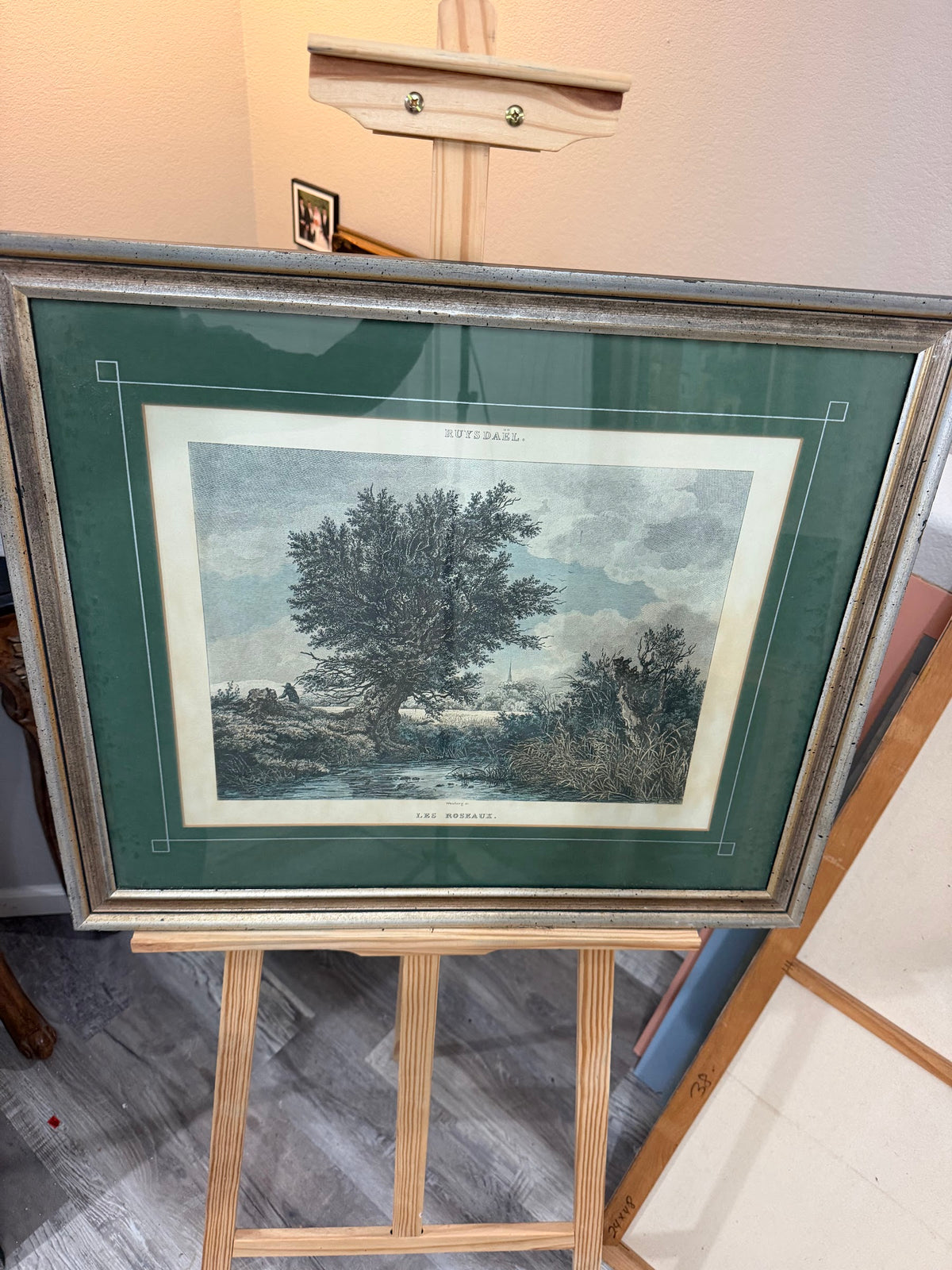 Lot 1033: Ethan Allen Framed Engraving After Ruysdael, Wooded Landscape with Great Tree, Green Mat, Silver Frame, 26.5 x 22.5 in