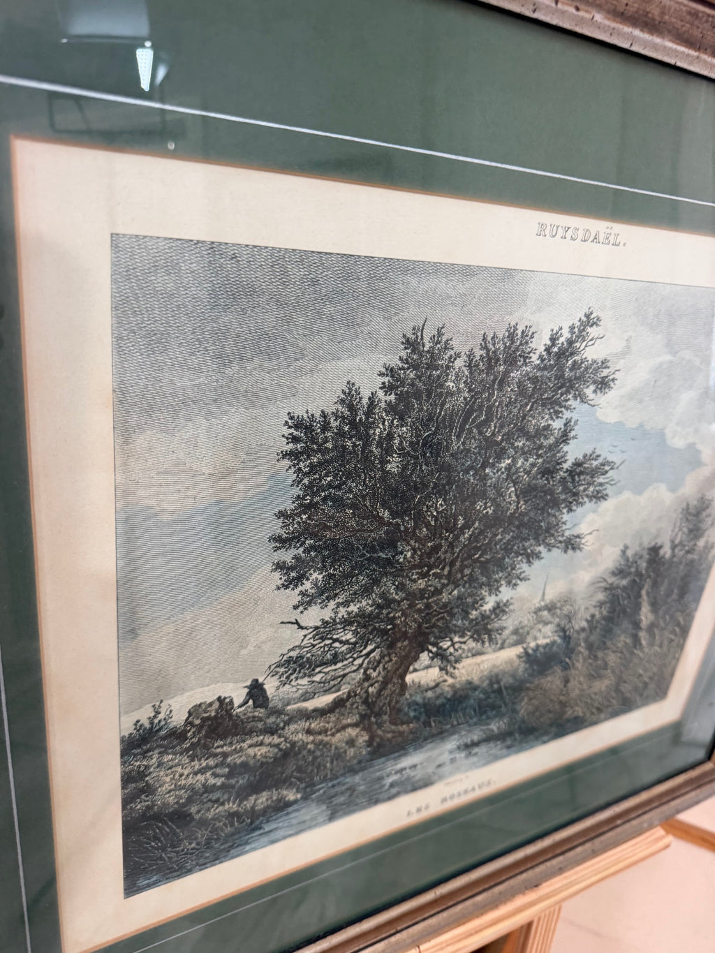 Lot 1033: Ethan Allen Framed Engraving After Ruysdael, Wooded Landscape with Great Tree, Green Mat, Silver Frame, 26.5 x 22.5 in