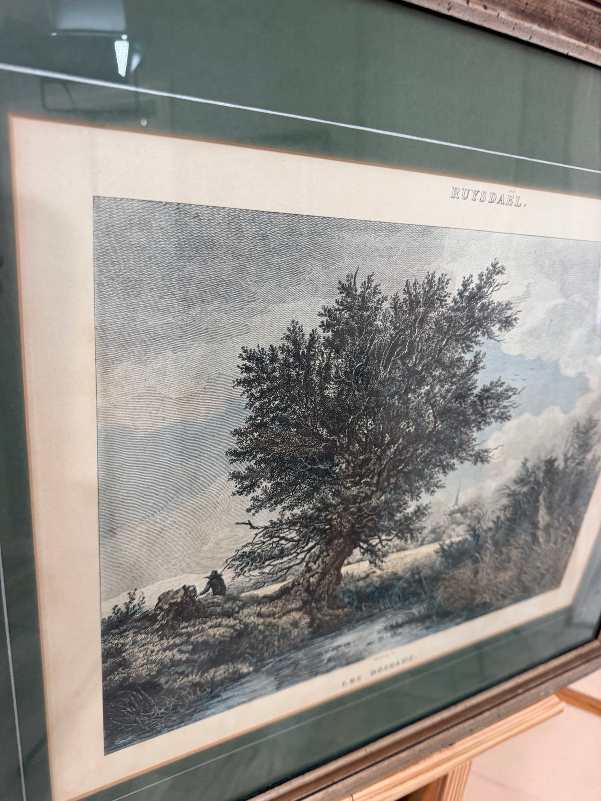 Lot 1033: Ethan Allen Framed Engraving After Ruysdael, Wooded Landscape with Great Tree, Green Mat, Silver Frame, 26.5 x 22.5 in