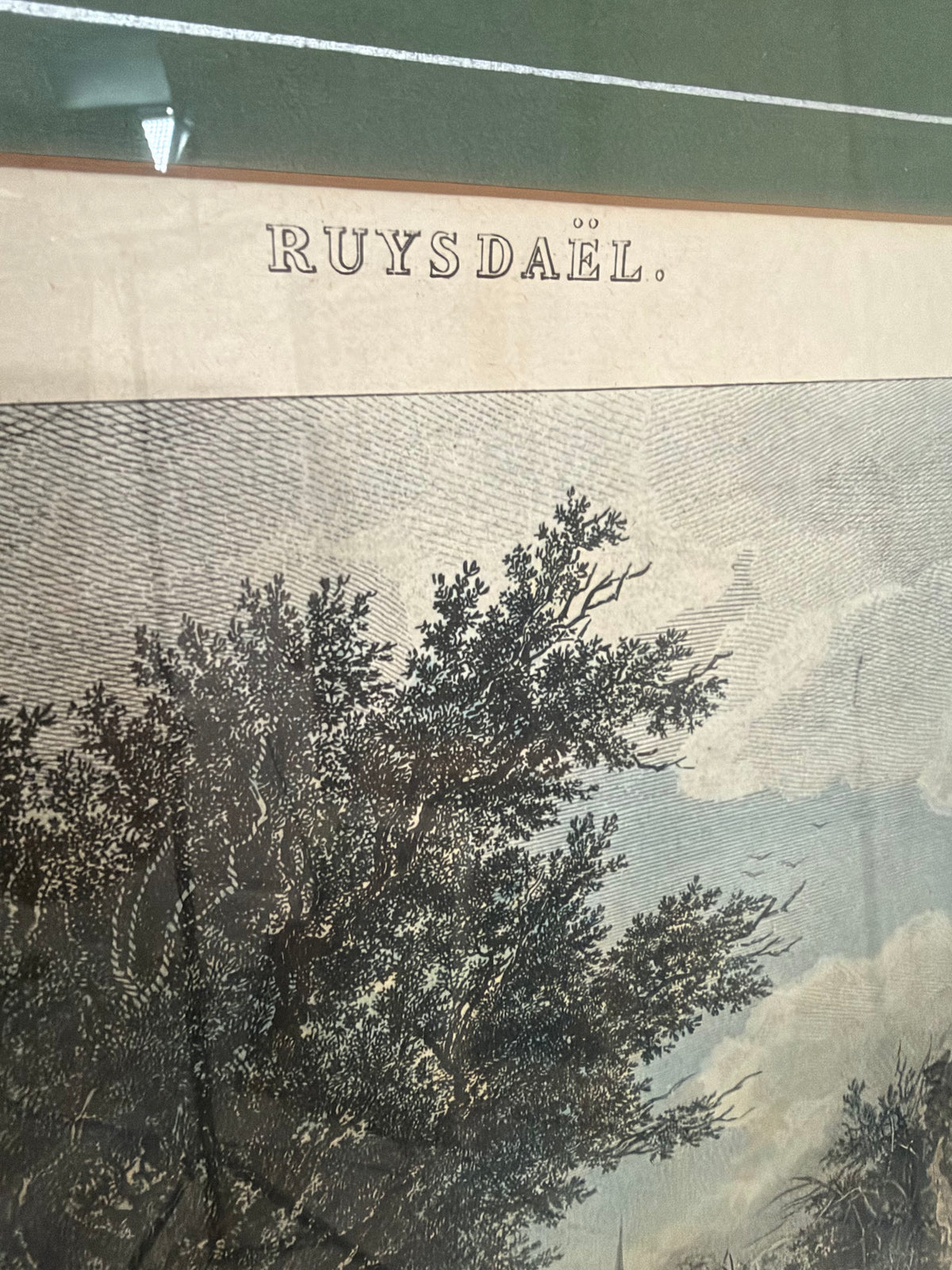 Lot 1033: Ethan Allen Framed Engraving After Ruysdael, Wooded Landscape with Great Tree, Green Mat, Silver Frame, 26.5 x 22.5 in