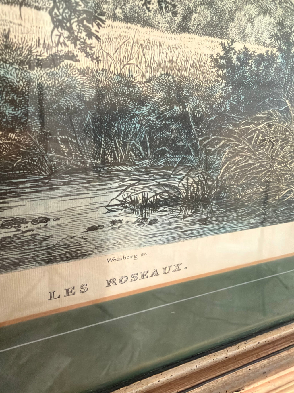 Lot 1033: Ethan Allen Framed Engraving After Ruysdael, Wooded Landscape with Great Tree, Green Mat, Silver Frame, 26.5 x 22.5 in