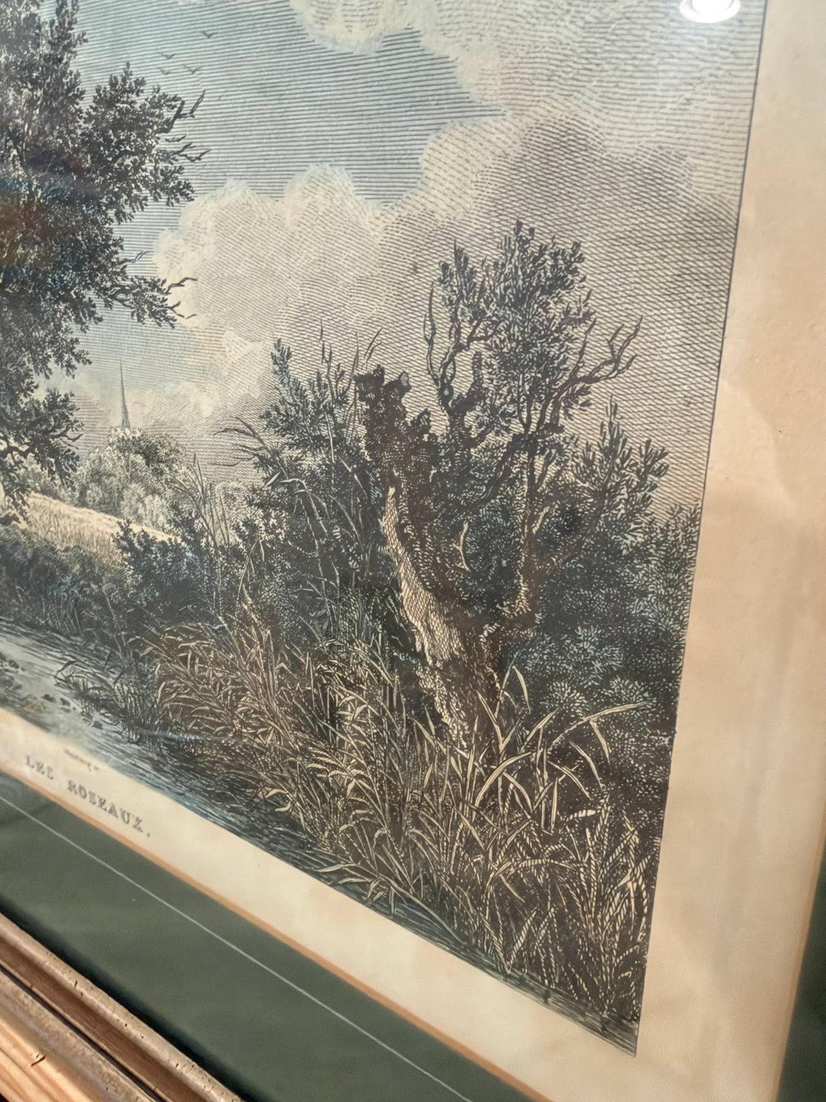 Lot 1033: Ethan Allen Framed Engraving After Ruysdael, Wooded Landscape with Great Tree, Green Mat, Silver Frame, 26.5 x 22.5 in