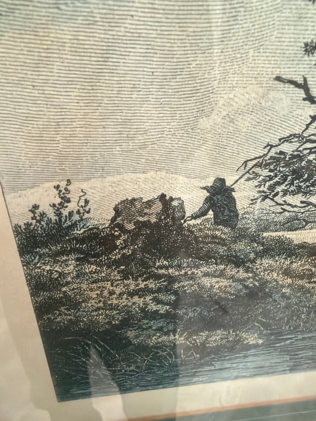 Lot 1033: Ethan Allen Framed Engraving After Ruysdael, Wooded Landscape with Great Tree, Green Mat, Silver Frame, 26.5 x 22.5 in