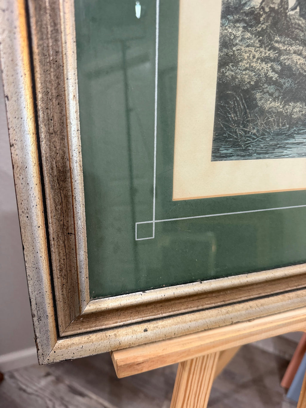 Lot 1033: Ethan Allen Framed Engraving After Ruysdael, Wooded Landscape with Great Tree, Green Mat, Silver Frame, 26.5 x 22.5 in