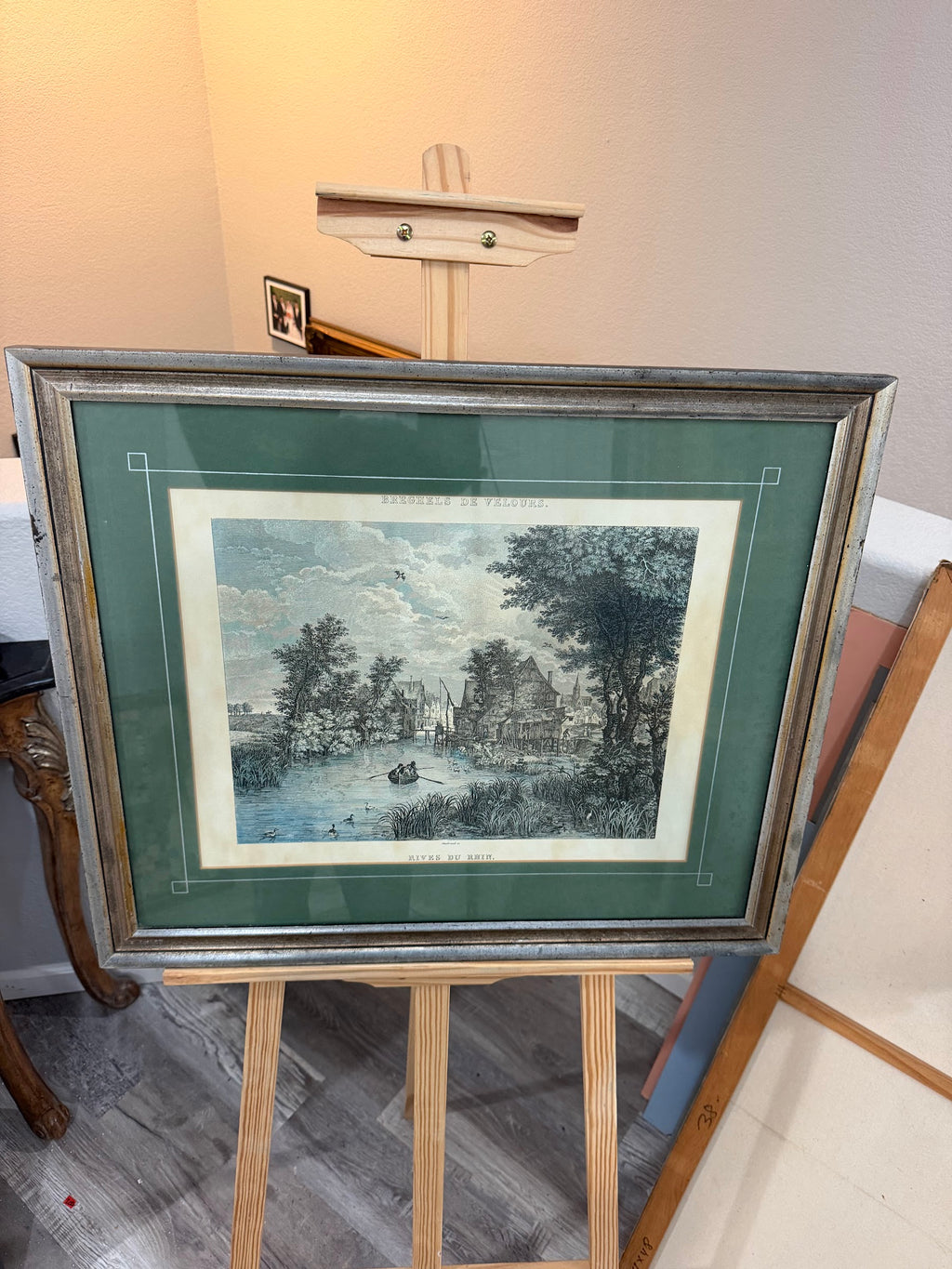 Lot 1034: Ethan Allen Framed Engraving After Brueghel, Rives du Rhin River Landscape, Green Mat, Silver Frame, 26.5 x 22.5 in
