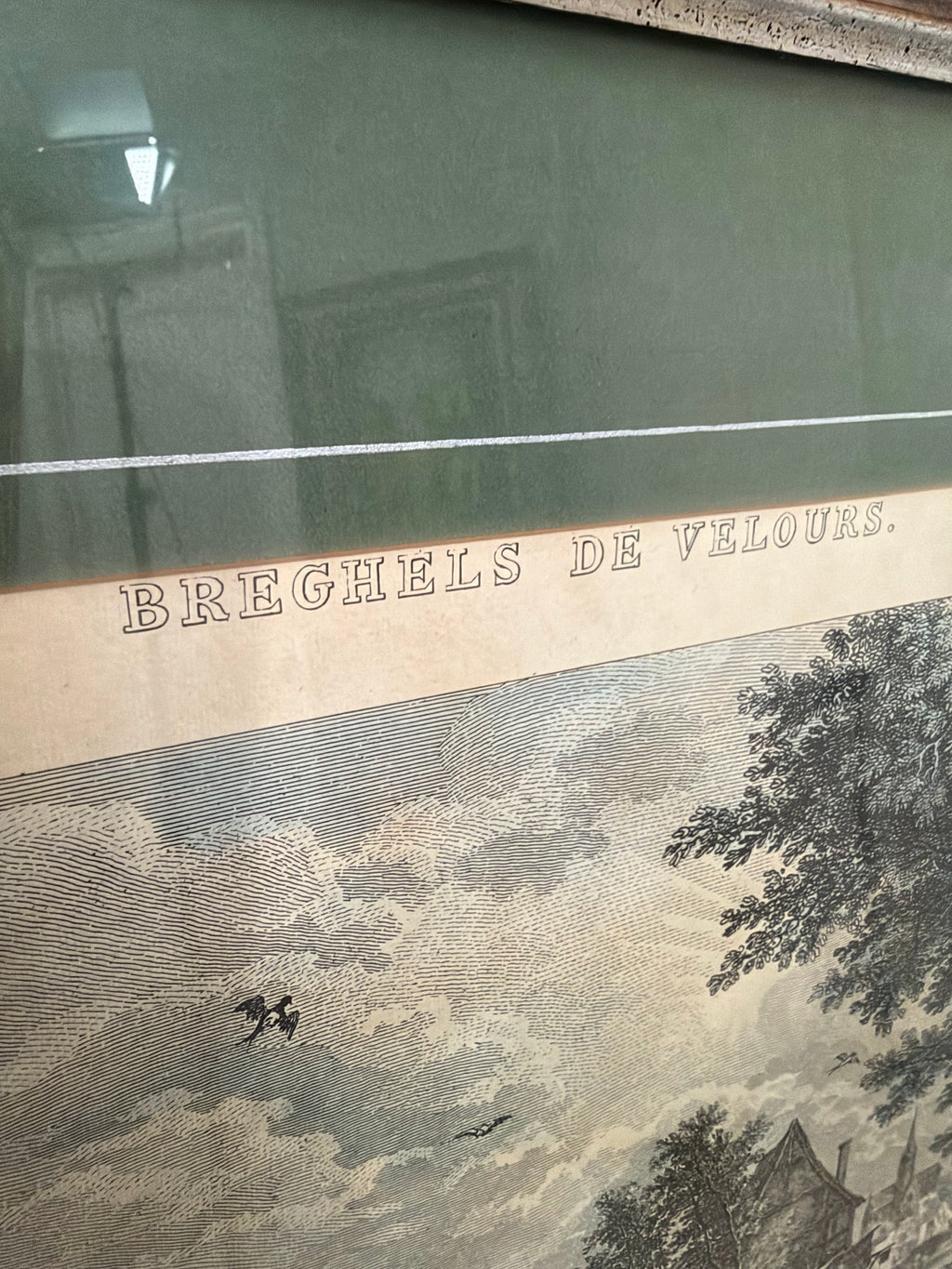 Lot 1034: Ethan Allen Framed Engraving After Brueghel, Rives du Rhin River Landscape, Green Mat, Silver Frame, 26.5 x 22.5 in