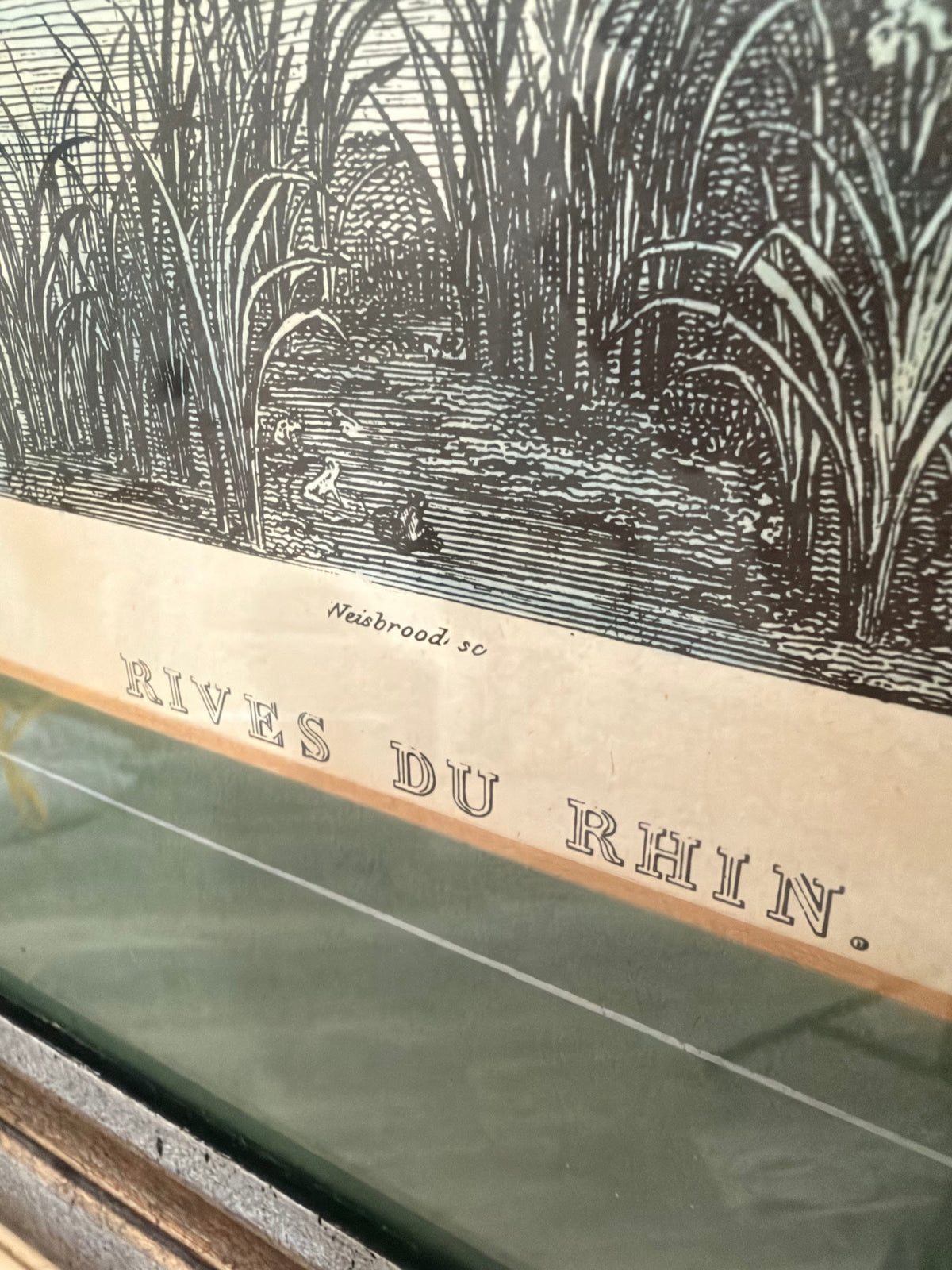 Lot 1034: Ethan Allen Framed Engraving After Brueghel, Rives du Rhin River Landscape, Green Mat, Silver Frame, 26.5 x 22.5 in