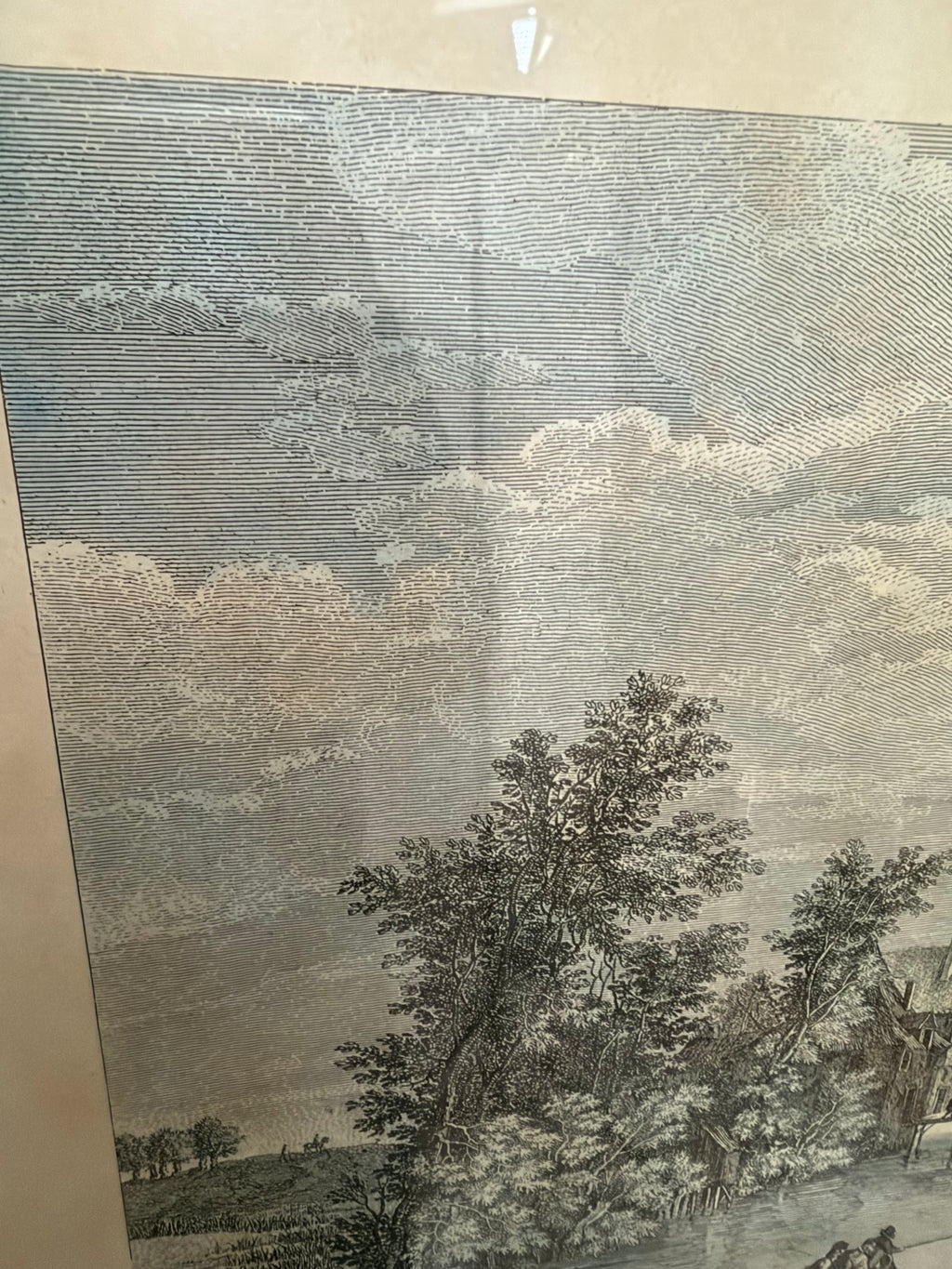 Lot 1034: Ethan Allen Framed Engraving After Brueghel, Rives du Rhin River Landscape, Green Mat, Silver Frame, 26.5 x 22.5 in