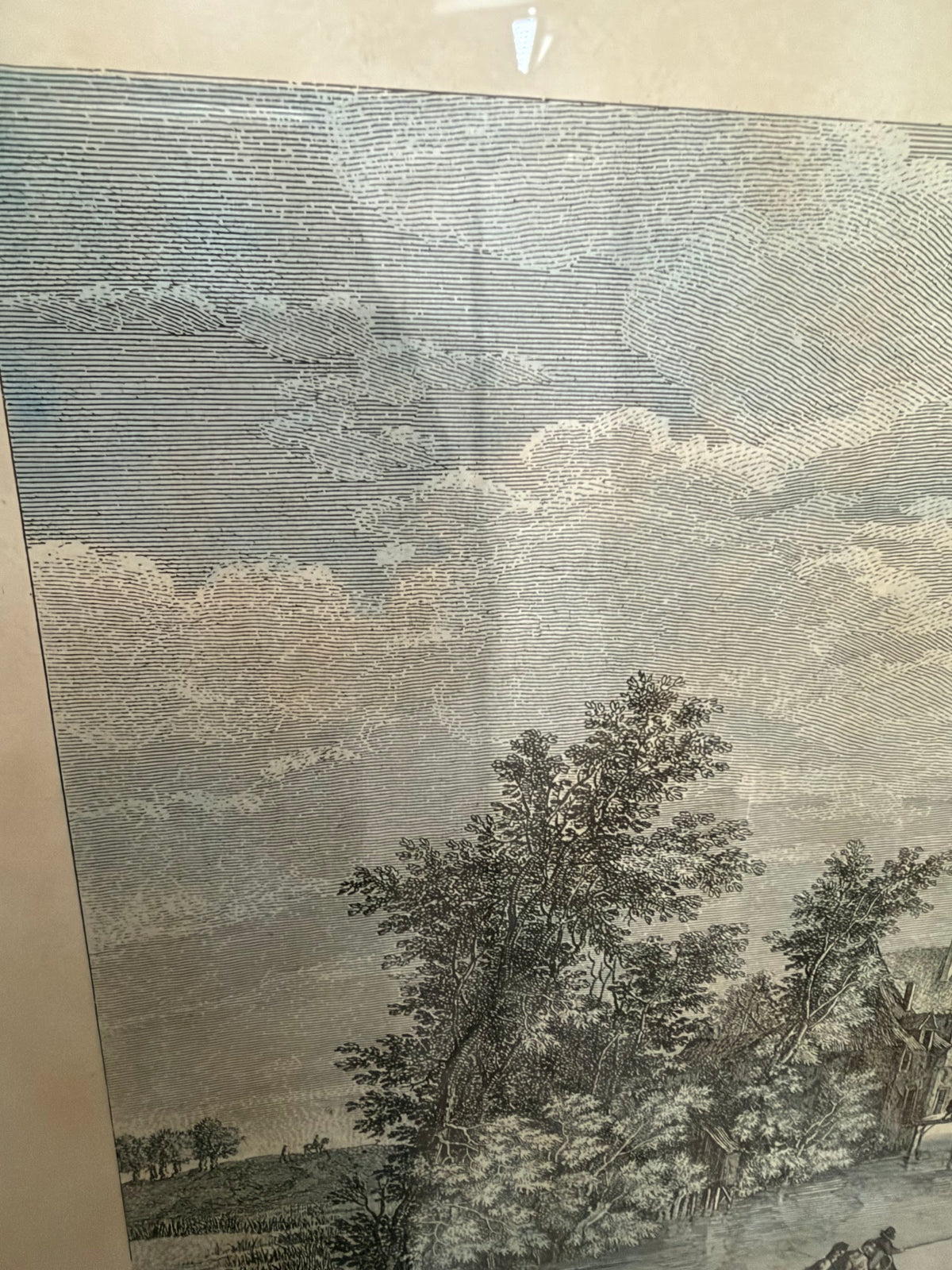 Lot 1034: Ethan Allen Framed Engraving After Brueghel, Rives du Rhin River Landscape, Green Mat, Silver Frame, 26.5 x 22.5 in