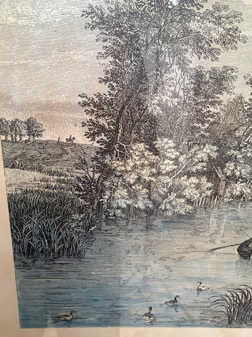 Lot 1034: Ethan Allen Framed Engraving After Brueghel, Rives du Rhin River Landscape, Green Mat, Silver Frame, 26.5 x 22.5 in