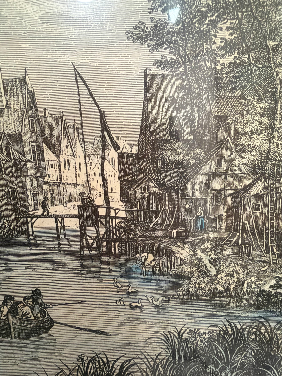 Lot 1034: Ethan Allen Framed Engraving After Brueghel, Rives du Rhin River Landscape, Green Mat, Silver Frame, 26.5 x 22.5 in