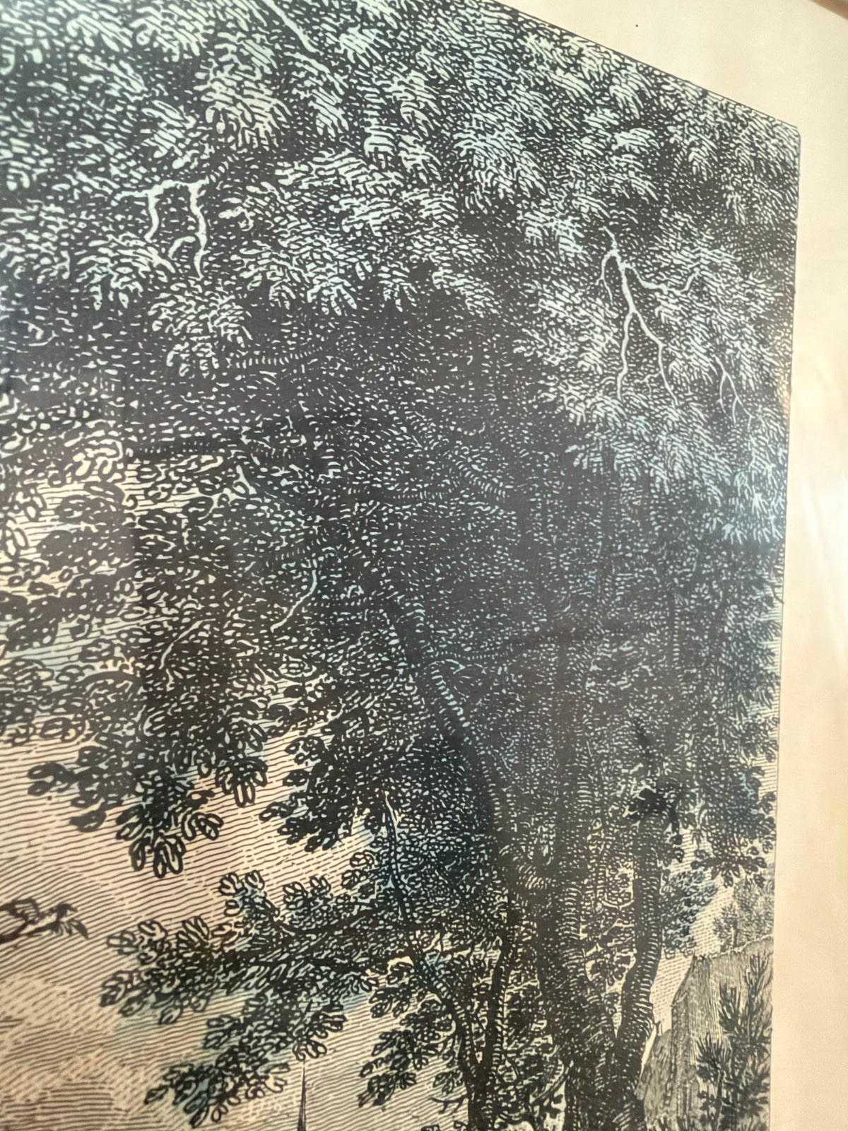Lot 1034: Ethan Allen Framed Engraving After Brueghel, Rives du Rhin River Landscape, Green Mat, Silver Frame, 26.5 x 22.5 in