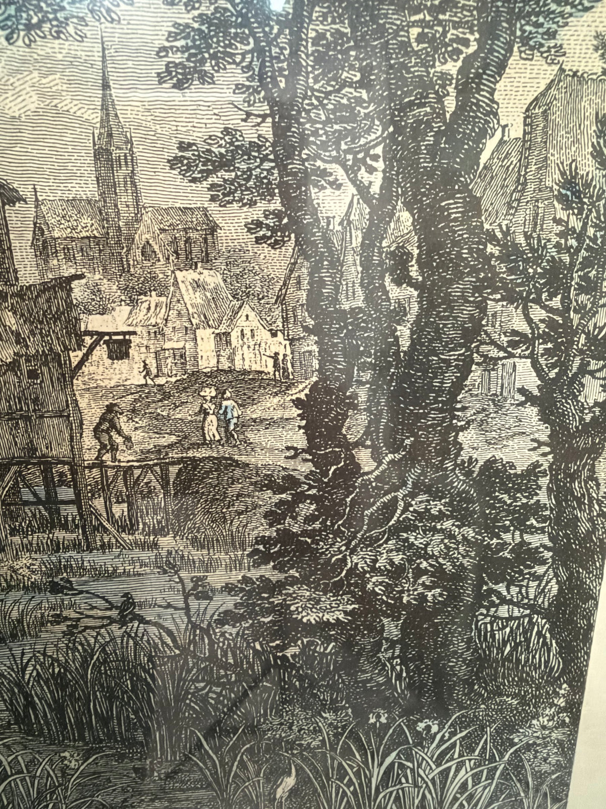 Lot 1034: Ethan Allen Framed Engraving After Brueghel, Rives du Rhin River Landscape, Green Mat, Silver Frame, 26.5 x 22.5 in