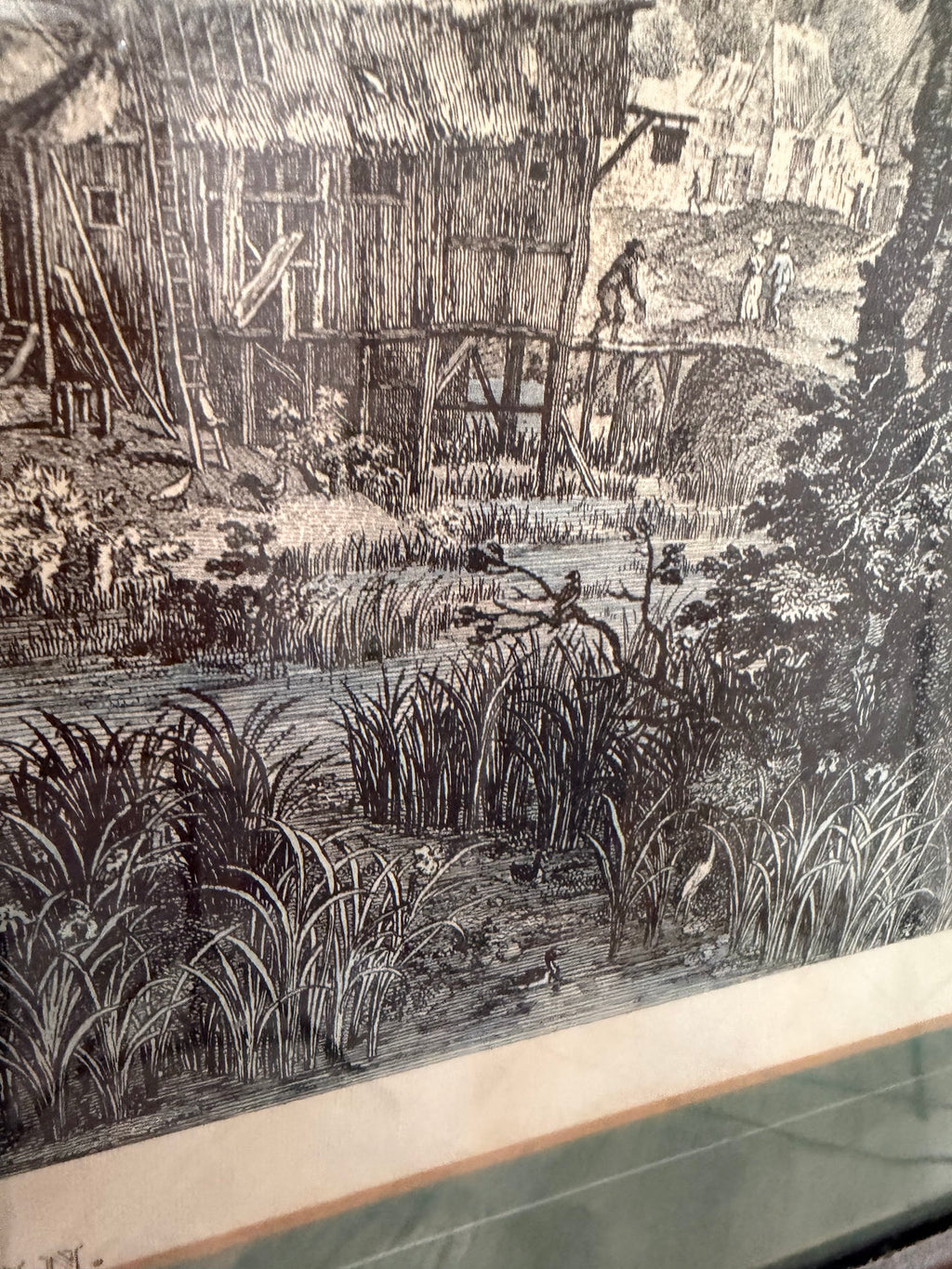 Lot 1034: Ethan Allen Framed Engraving After Brueghel, Rives du Rhin River Landscape, Green Mat, Silver Frame, 26.5 x 22.5 in