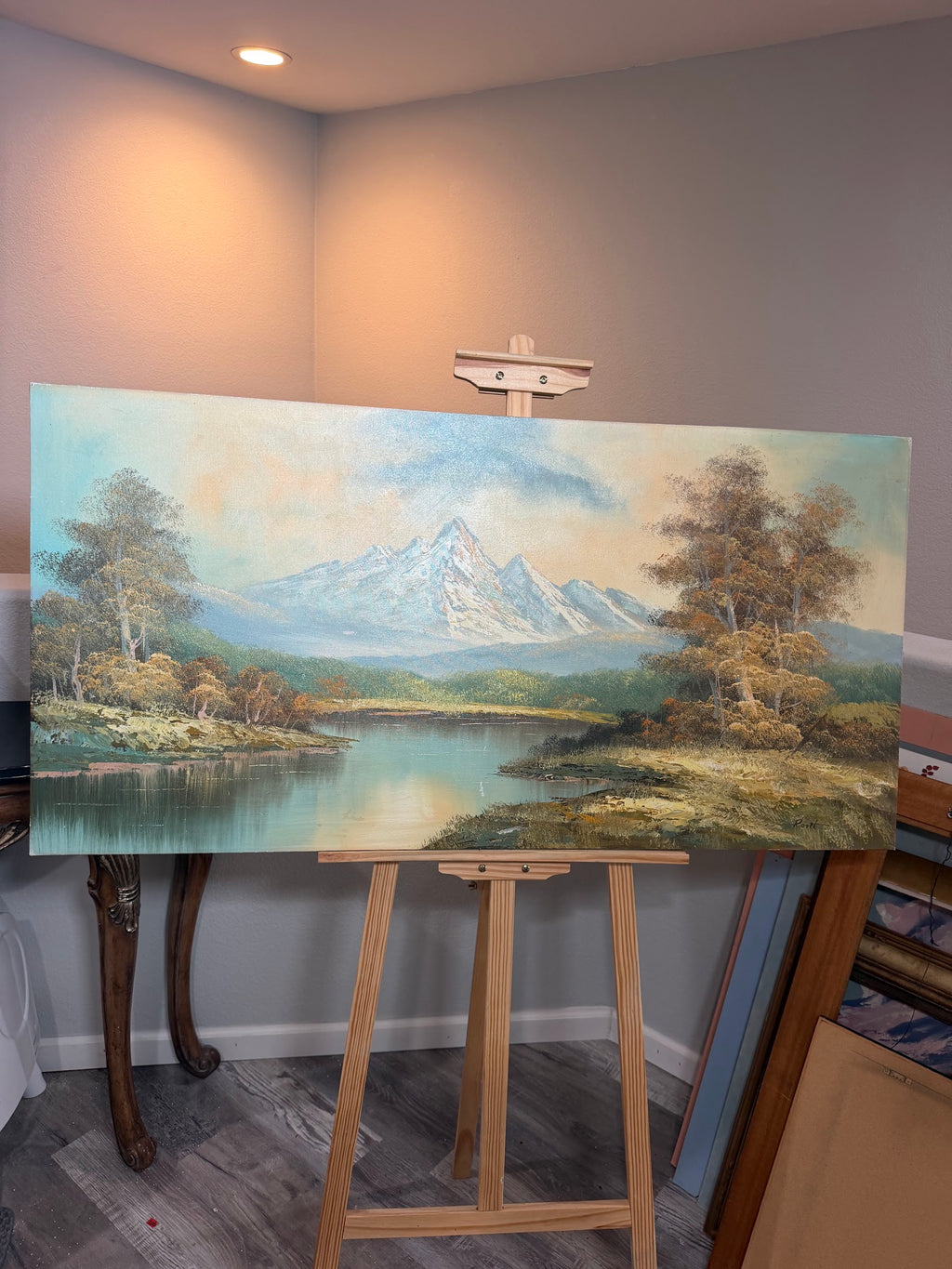 Lot 1035: Large Mountain Lake Oil Painting, Snow Capped Peaks and Autumn Trees, Signed, Unframed Canvas, 48 x 24 in