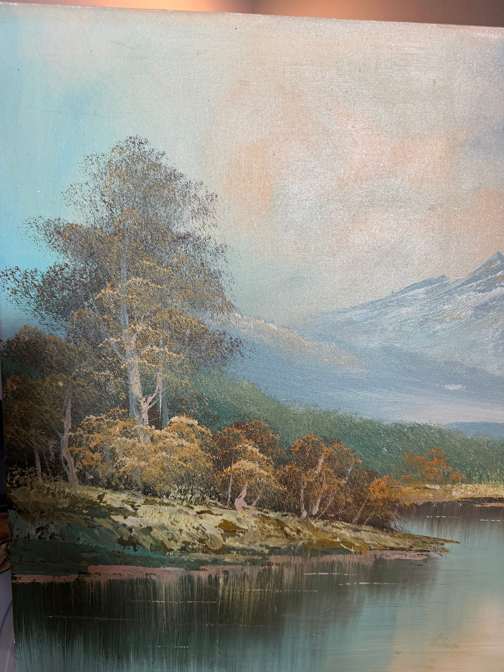 Lot 1035: Large Mountain Lake Oil Painting, Snow Capped Peaks and Autumn Trees, Signed, Unframed Canvas, 48 x 24 in