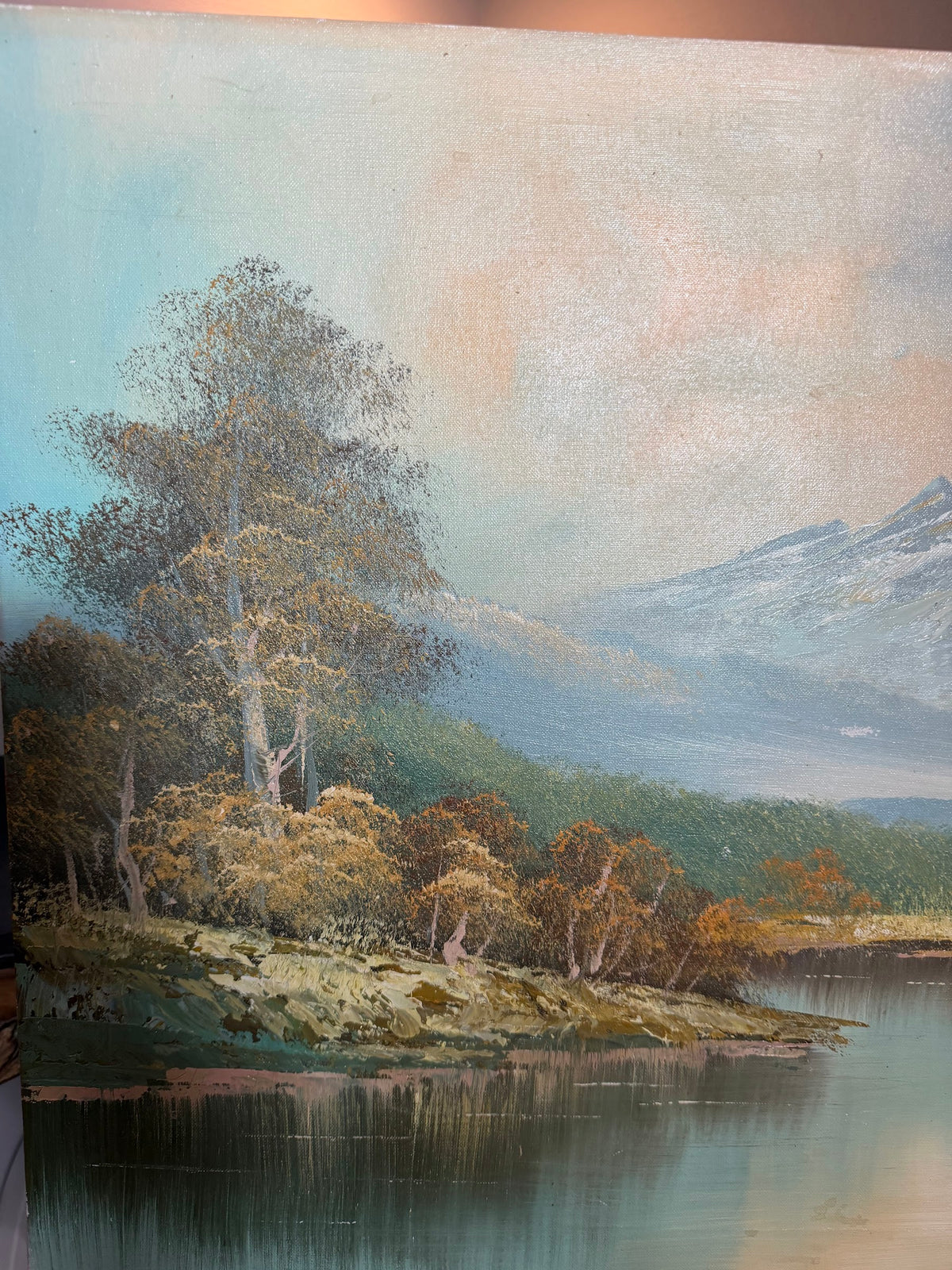 Lot 1035: Large Mountain Lake Oil Painting, Snow Capped Peaks and Autumn Trees, Signed, Unframed Canvas, 48 x 24 in