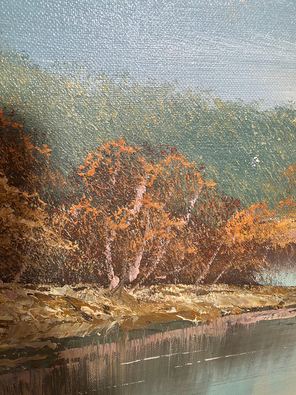 Lot 1035: Large Mountain Lake Oil Painting, Snow Capped Peaks and Autumn Trees, Signed, Unframed Canvas, 48 x 24 in