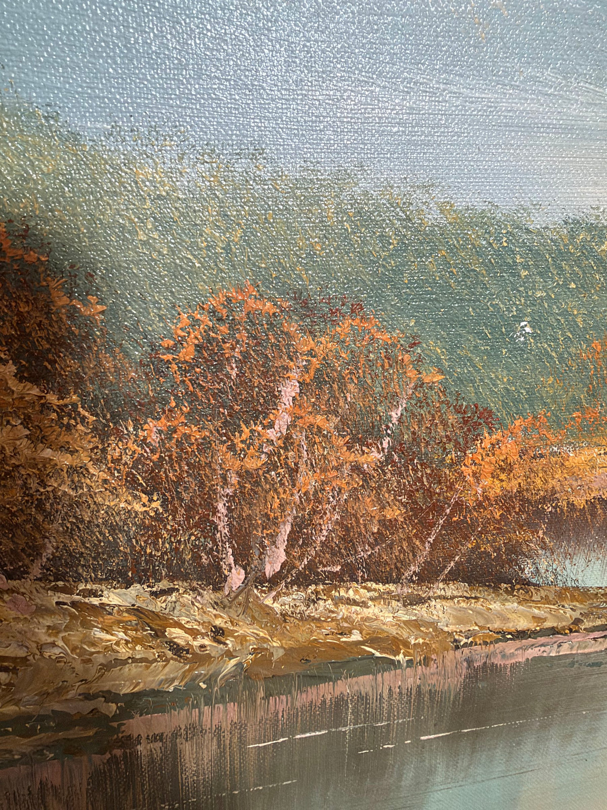 Lot 1035: Large Mountain Lake Oil Painting, Snow Capped Peaks and Autumn Trees, Signed, Unframed Canvas, 48 x 24 in