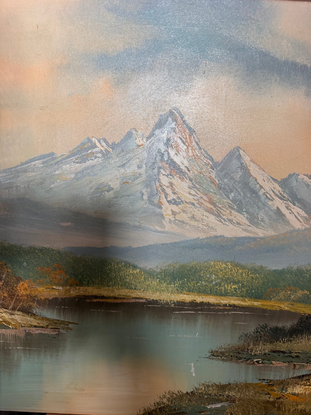 Lot 1035: Large Mountain Lake Oil Painting, Snow Capped Peaks and Autumn Trees, Signed, Unframed Canvas, 48 x 24 in
