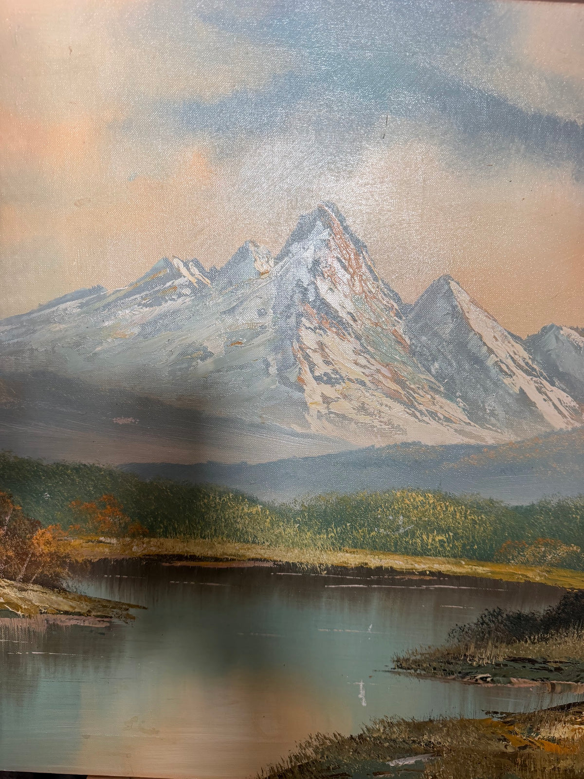 Lot 1035: Large Mountain Lake Oil Painting, Snow Capped Peaks and Autumn Trees, Signed, Unframed Canvas, 48 x 24 in