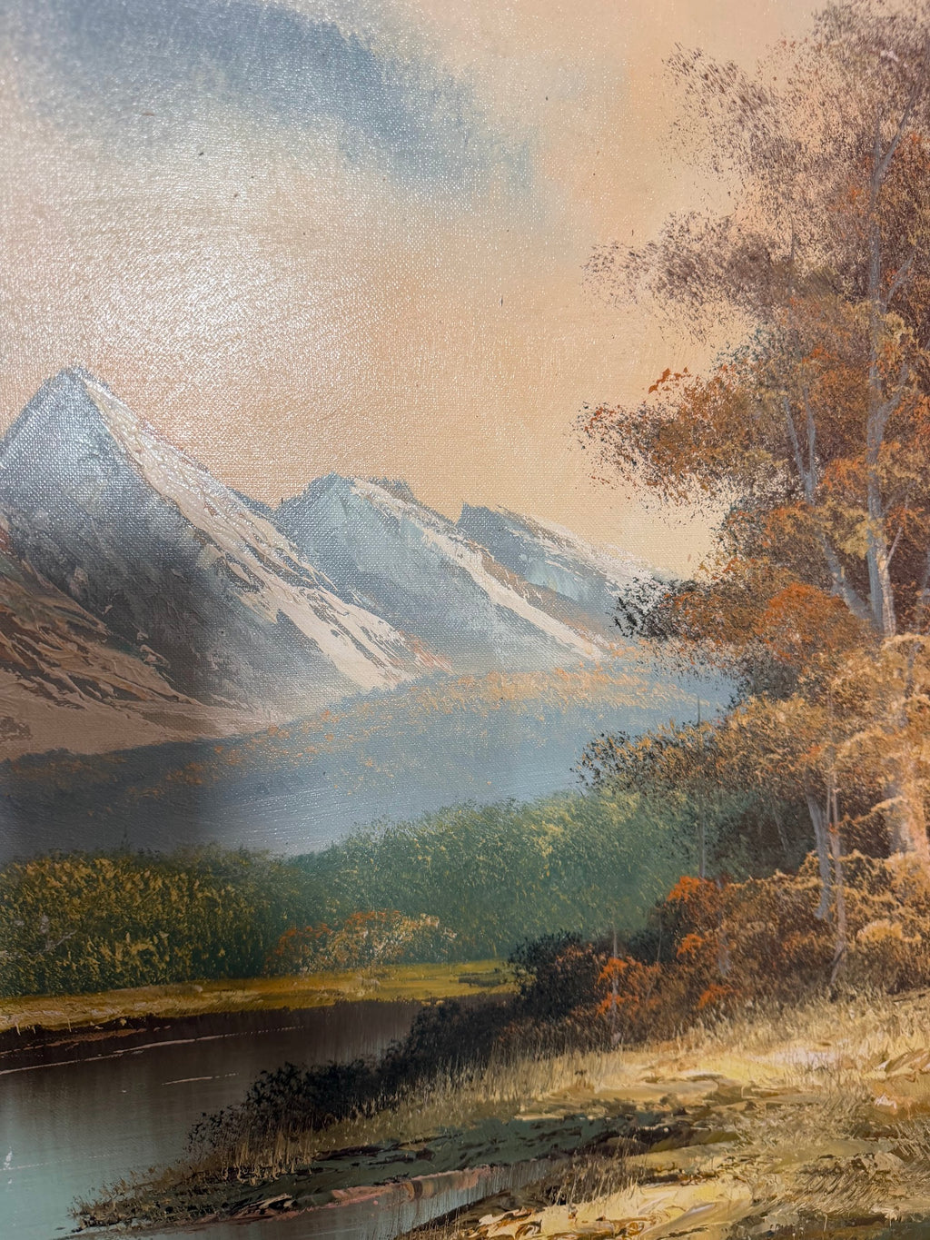 Lot 1035: Large Mountain Lake Oil Painting, Snow Capped Peaks and Autumn Trees, Signed, Unframed Canvas, 48 x 24 in