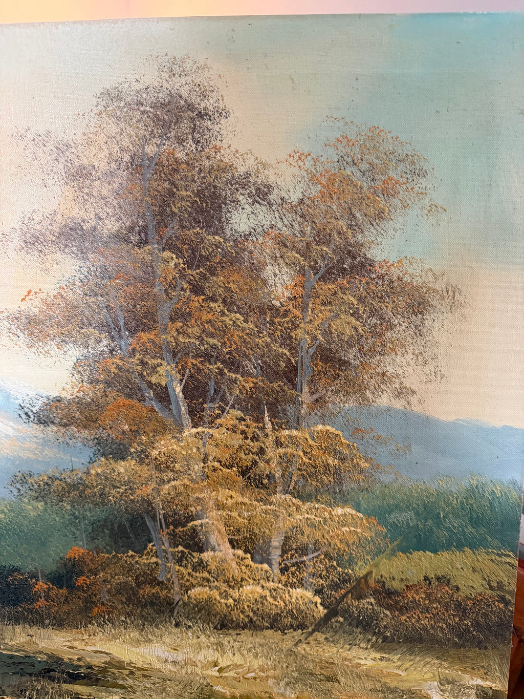 Lot 1035: Large Mountain Lake Oil Painting, Snow Capped Peaks and Autumn Trees, Signed, Unframed Canvas, 48 x 24 in