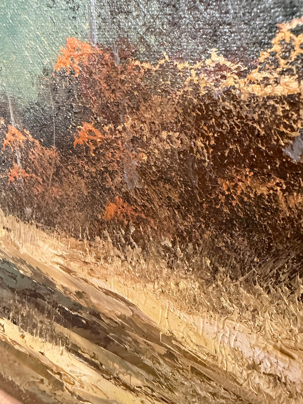 Lot 1035: Large Mountain Lake Oil Painting, Snow Capped Peaks and Autumn Trees, Signed, Unframed Canvas, 48 x 24 in
