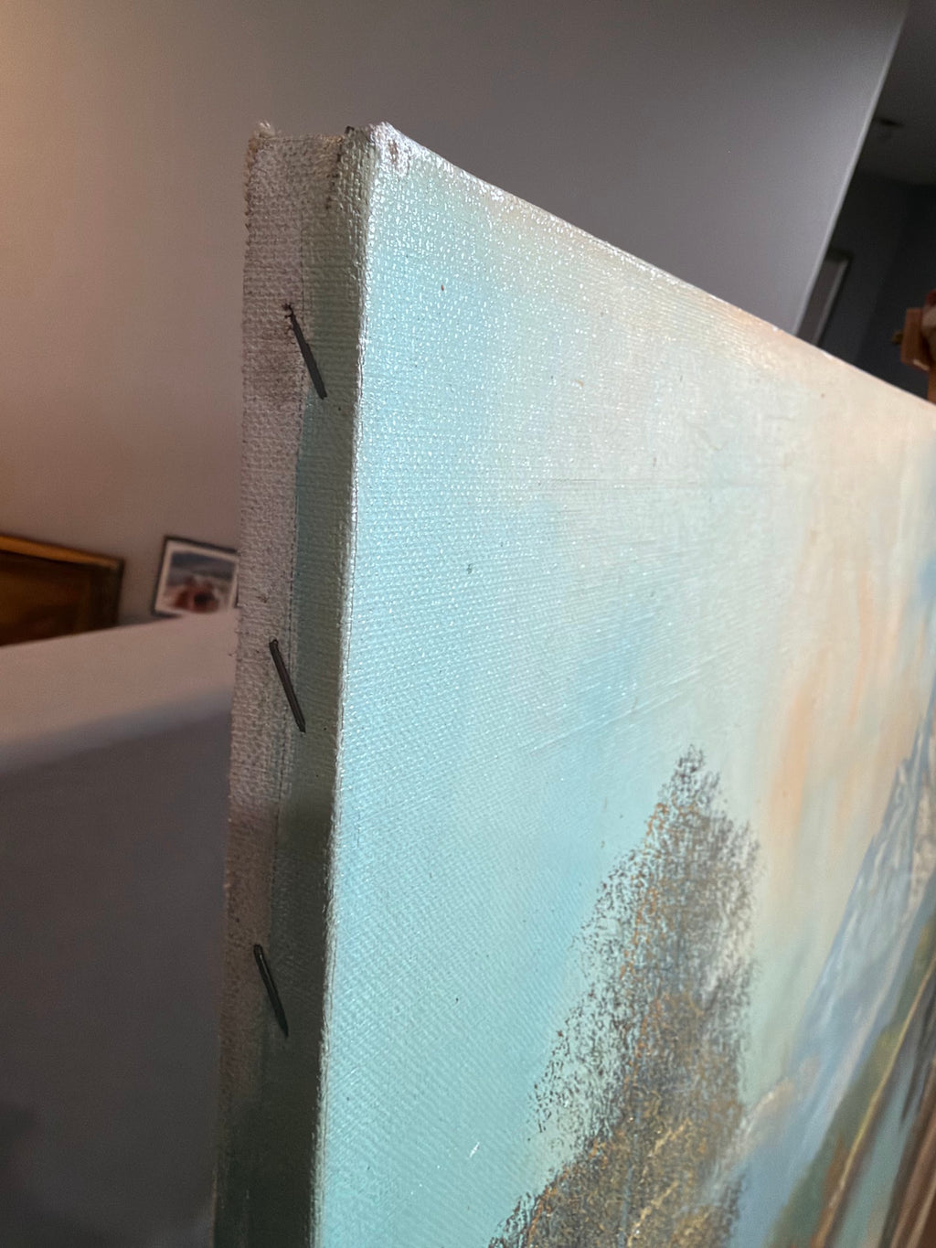 Lot 1035: Large Mountain Lake Oil Painting, Snow Capped Peaks and Autumn Trees, Signed, Unframed Canvas, 48 x 24 in