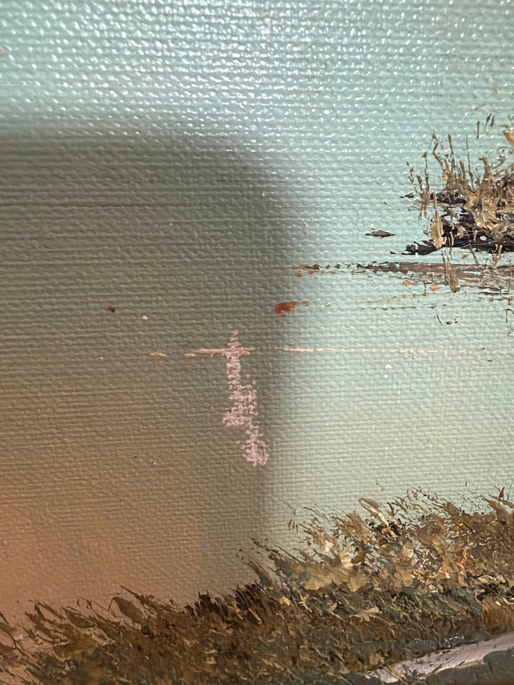 Lot 1035: Large Mountain Lake Oil Painting, Snow Capped Peaks and Autumn Trees, Signed, Unframed Canvas, 48 x 24 in