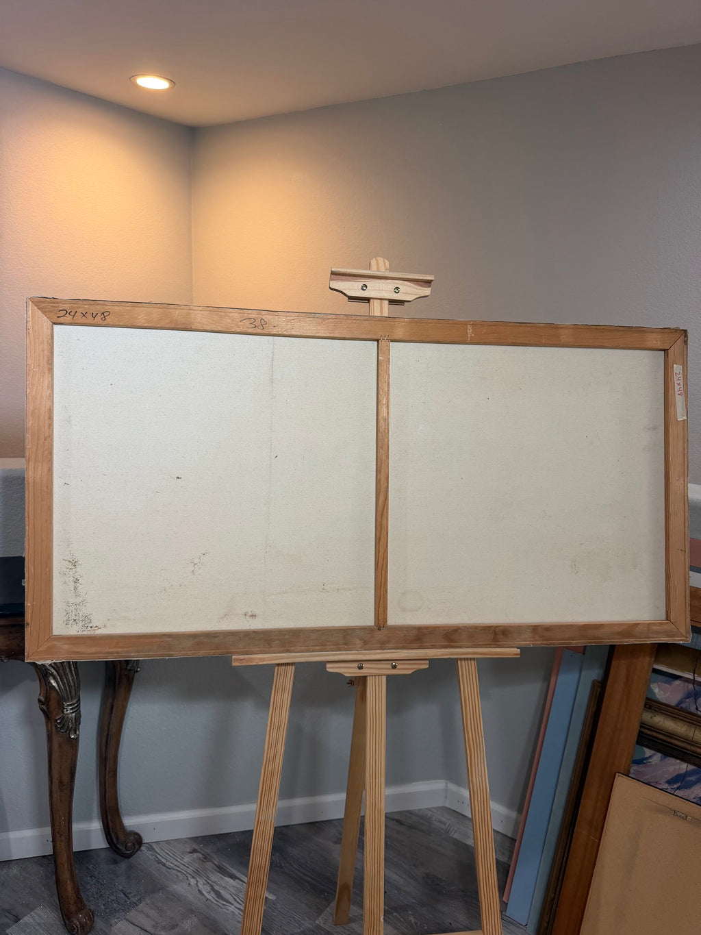 Lot 1035: Large Mountain Lake Oil Painting, Snow Capped Peaks and Autumn Trees, Signed, Unframed Canvas, 48 x 24 in