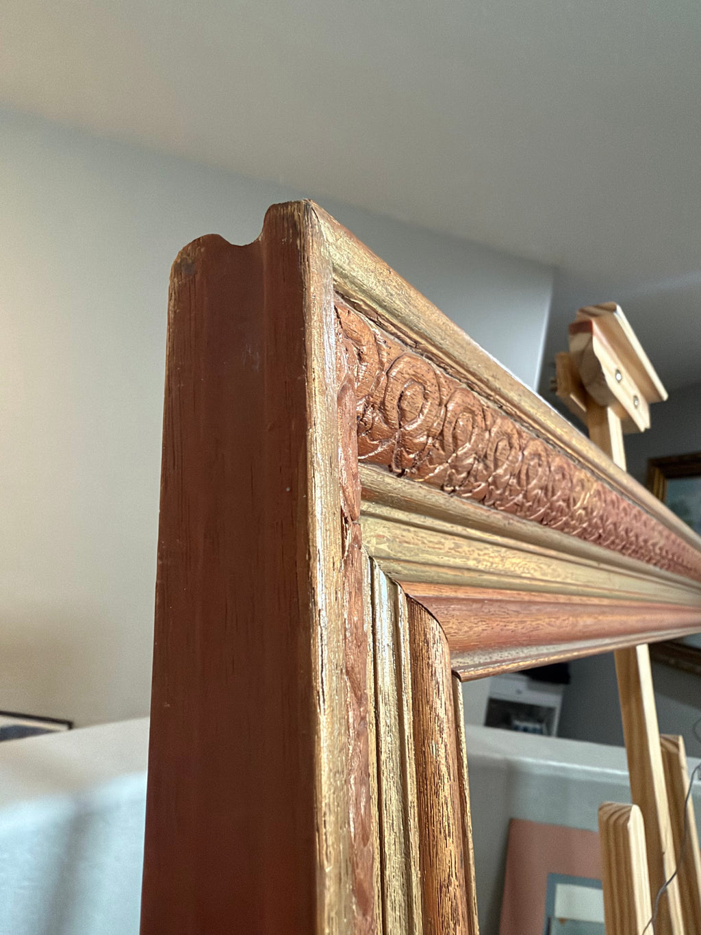 Lot 1036: Large Vintage Carved Gilt Wood Picture Frame, Ornate Scroll Border, Empty, 38 x 22 in
