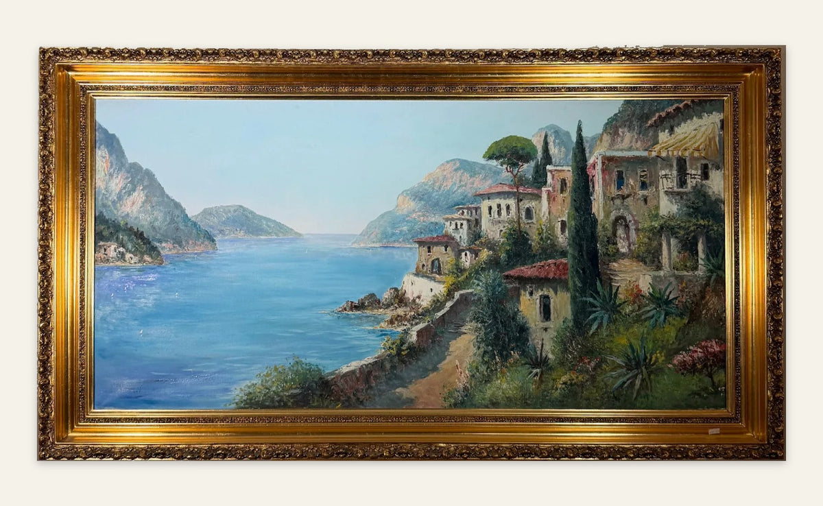 Lot 1015: L. Ginelli Original Oil Painting, Southern Italian Coastal Village, Ornate Gold Frame, 54 x 30 in