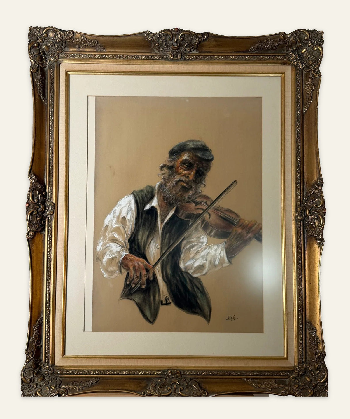 Lot 1016: Original Pastel Portrait, The Fiddler, Signed, Ornate Gold Frame, 31 x 37 in