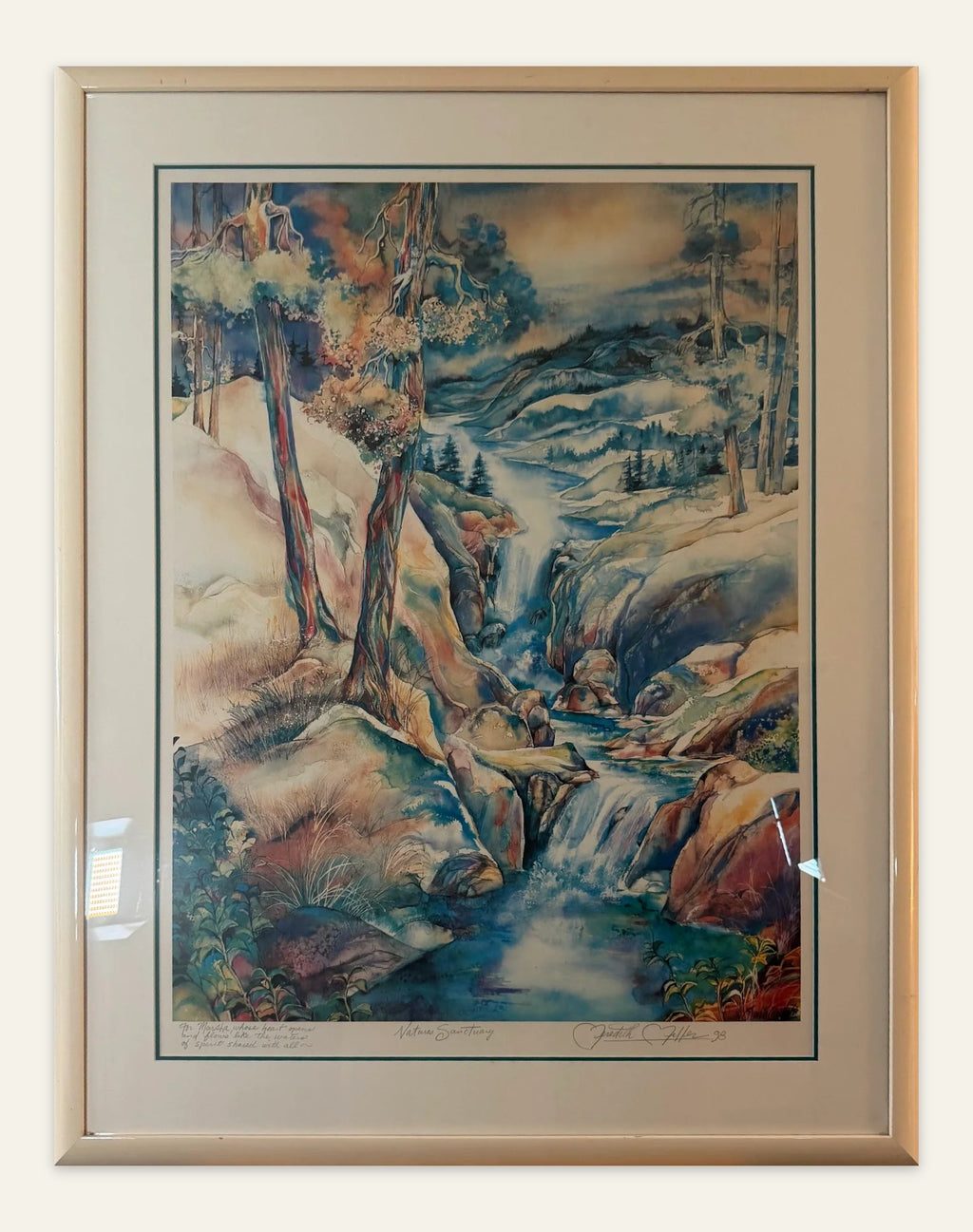 Lot 1017: Nature's Sanctuary Watercolor Art Print, Pencil Signed and Inscribed, 1998, Framed, 33 x 42 in