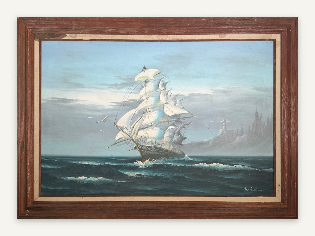Lot 1018: Large Clipper Ship Oil Painting, Full Sail on Rolling Seas with Lighthouse, Signed, Wood Frame, 43 x 31 in