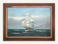 Lot 1018: Large Clipper Ship Oil Painting, Full Sail on Rolling Seas with Lighthouse, Signed, Wood Frame, 43 x 31 in